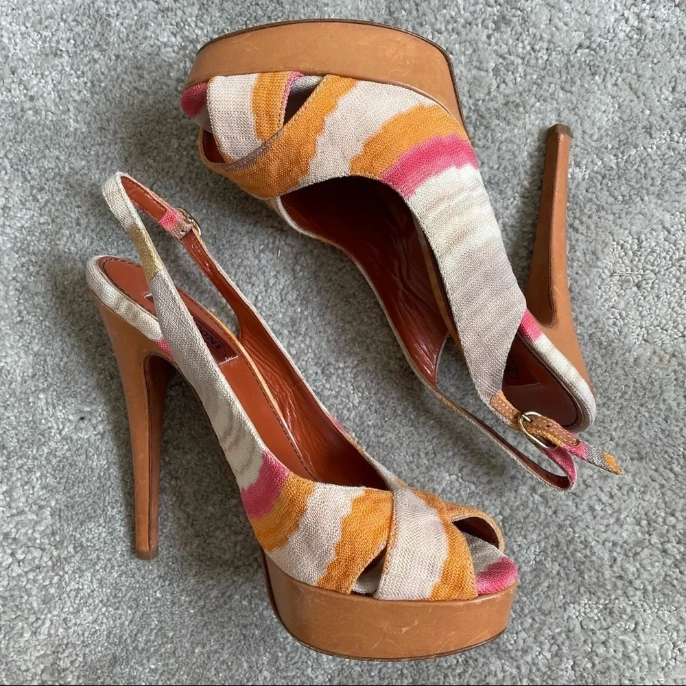 Missoni Multicolor Ikat Printed Fabric Leather Slingback Peep Toe Platform Heels